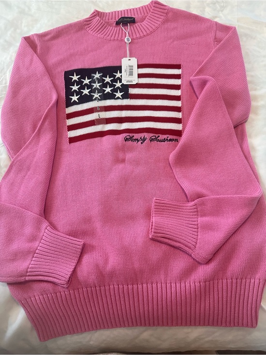 Simply Southern Sweaters - Simply Southern Hot Pink Crewneck Sweater with American Flag Knit